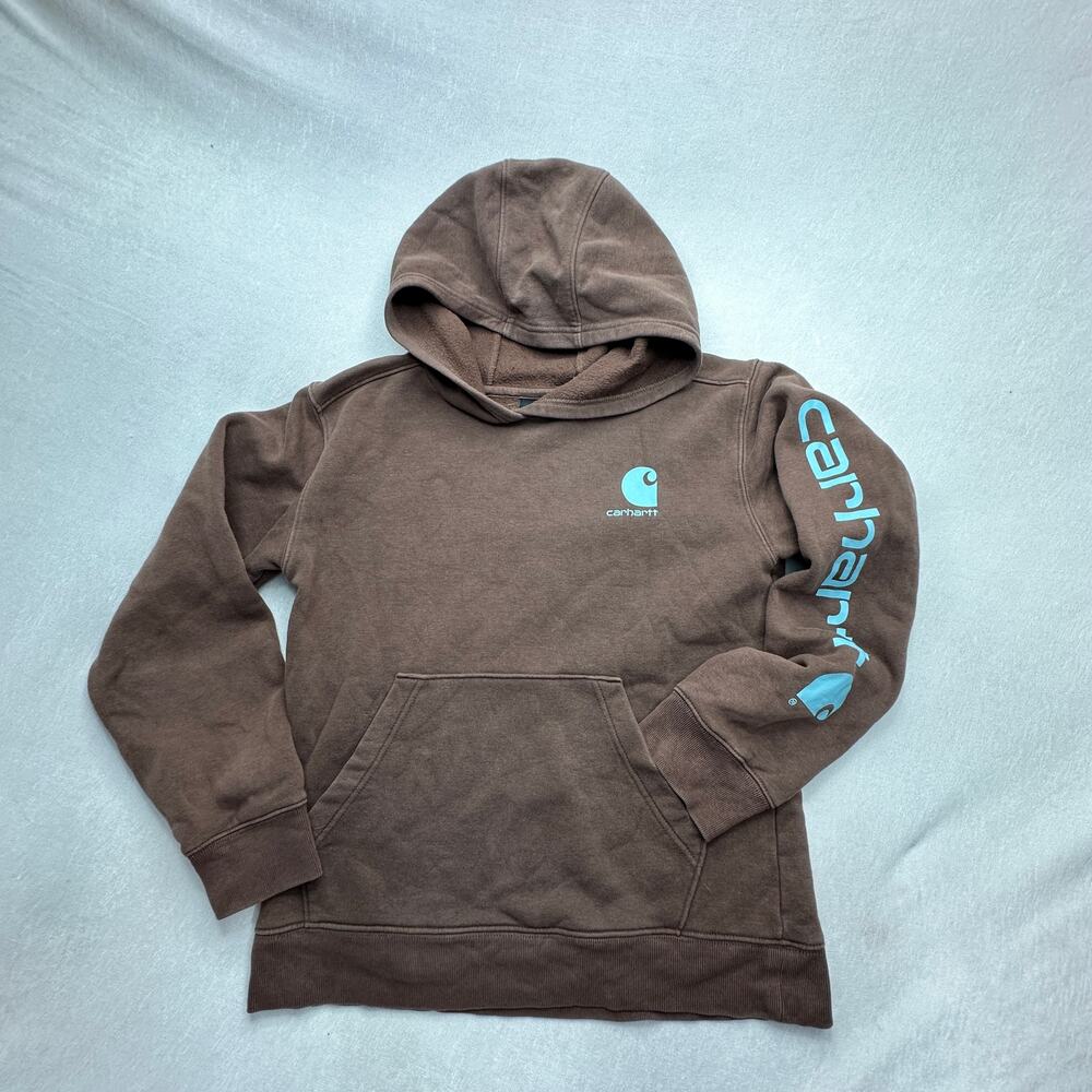 Carhartt Youth MED brown & teal Pullover Hooded Sweatshirt Graphic Logo Hoodie